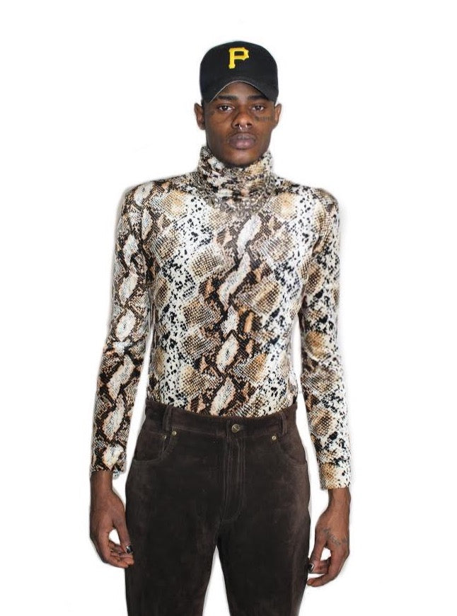 Snakeskin Print Velour Turtleneck